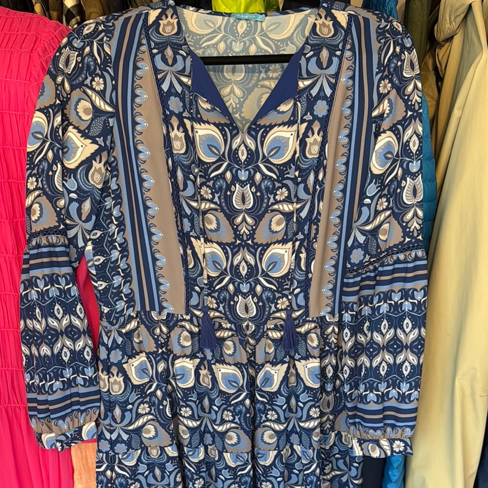 J. McLaughlin Blue and Gray Patterned Dress (xs)